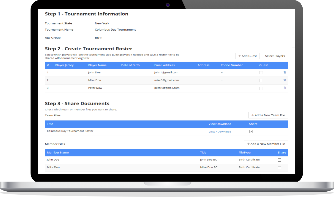 Share Team Documents for Tournament Registrations