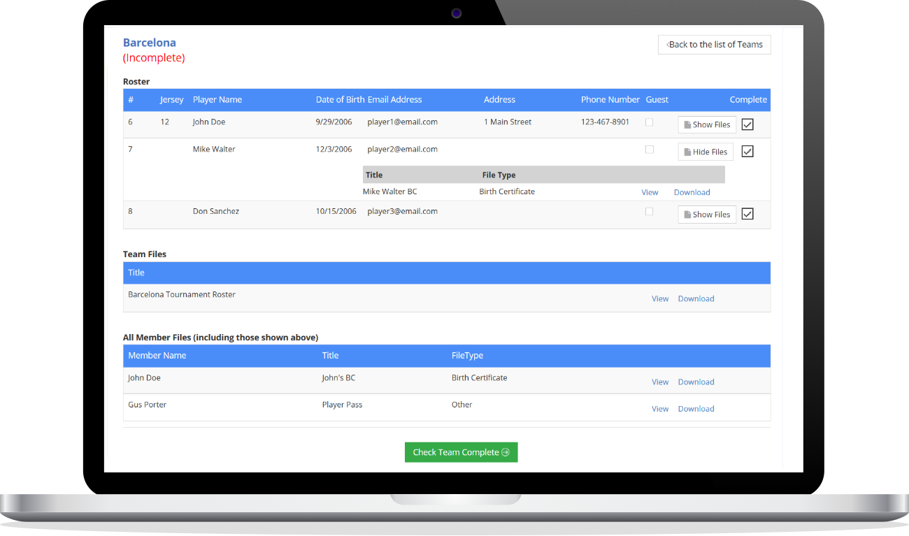 Check Team Documents for Sports Event Registrations Online