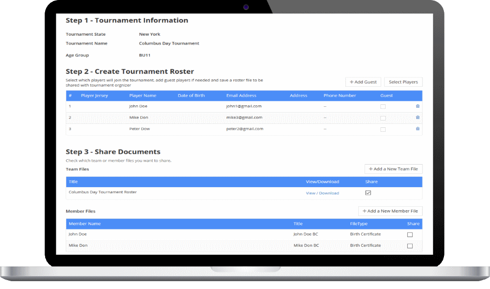 Share Team Documents for Tournament Registrations